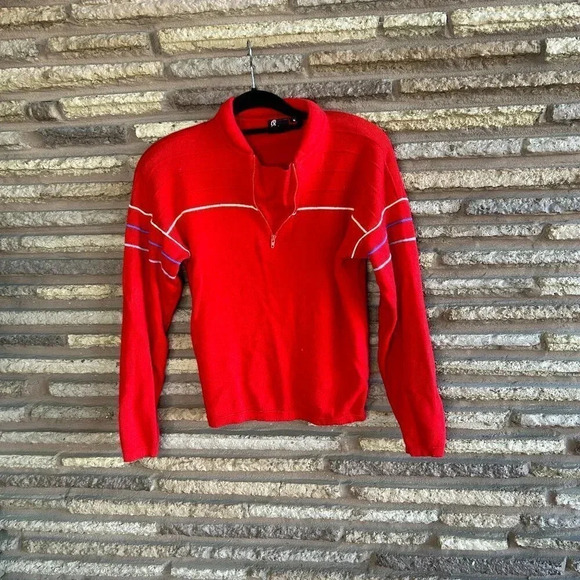 Vintage Men's Red 100% Wool 1/4 Zip Ski Sweater Small Made in Hong Kong - Picture 1 of 9